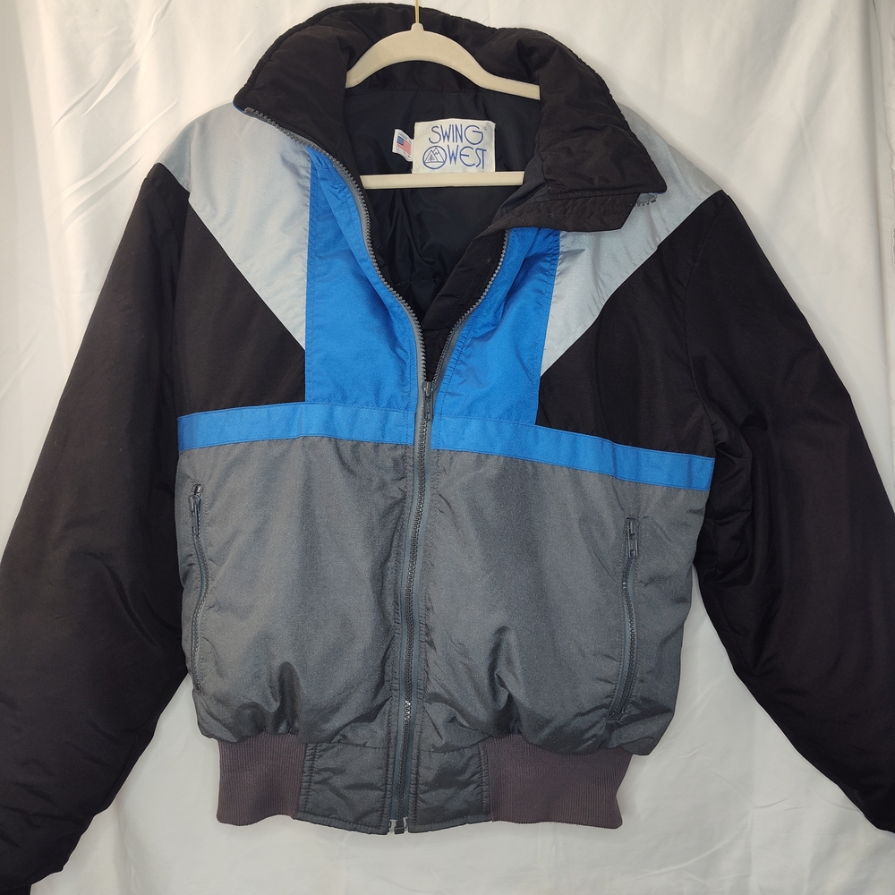 Vintage Ski Puffer Coat Swing West 80’s Made In USA Feather Down Blue Black Gray